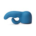 Blue silicone dual stimulator attachment designed for Le Wand Petite massager with curved insertable and external arms.