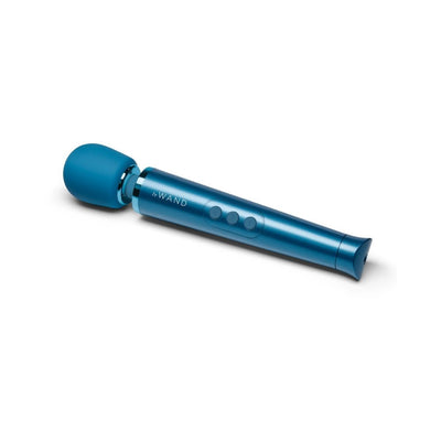Blue Le Wand Petite rechargeable massager with ergonomic handle and three control buttons on white background.
