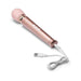 Rose gold Le Wand Petite rechargeable massager with USB charging cable on white background.