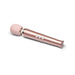 Le Wand Petite rechargeable massager in rose gold with soft pink rounded head and control buttons on handle.