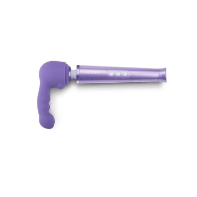 Le Wand Petite Rechargeable Massager in lavender with attached purple silicone Ripple Attachment on white background.