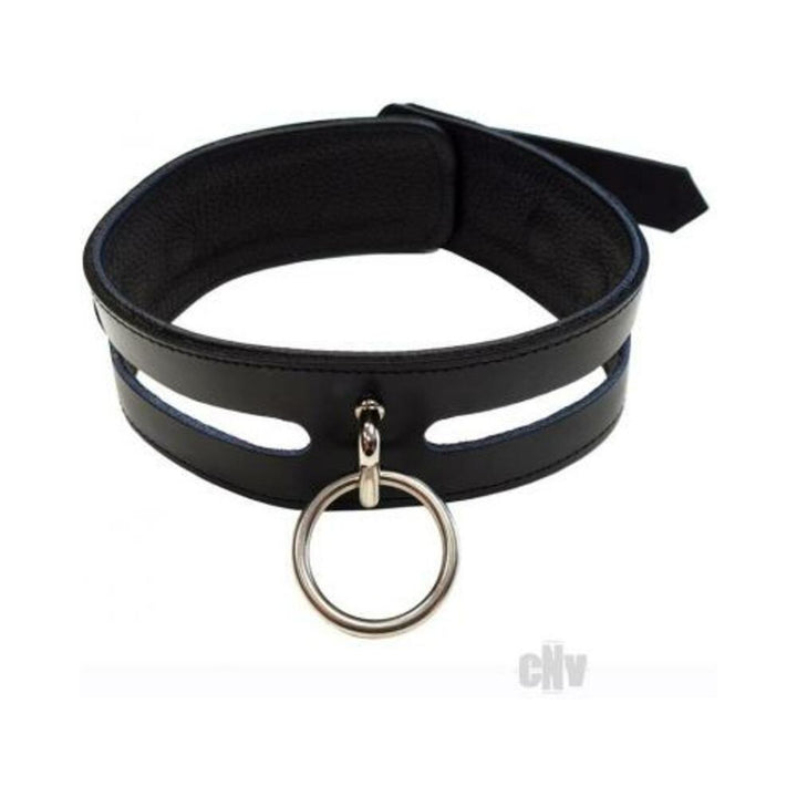 Black leather collar with a central silver O-ring and adjustable buckle closure, featuring cut-out design details.