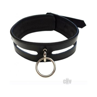 Black leather collar with a central silver O-ring and adjustable buckle closure, featuring cut-out design details.