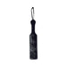 Black leather paddle with soft black faux fur side and wrist strap for secure grip.