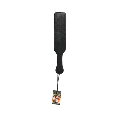 Black leather paddle with soft black fur lining and wrist strap, designed for dual-texture adult play.