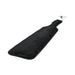 Black leather paddle with soft black faux fur side and wrist strap for secure grip.