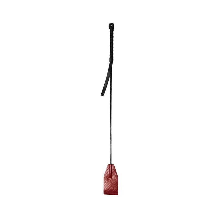 Burgundy and black leather riding crop with textured flap and wrapped handle detail on white background.