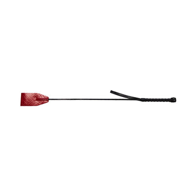 Leather riding crop with burgundy textured tip and black handle with wrist strap accessory.