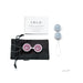LELO Beads Mini set with two silicone kegel balls, black satin pouch, and warranty card on white background.