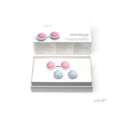 LELO Luna Beads Mini Kegel exerciser set in pink and gray with white packaging box on a white background.