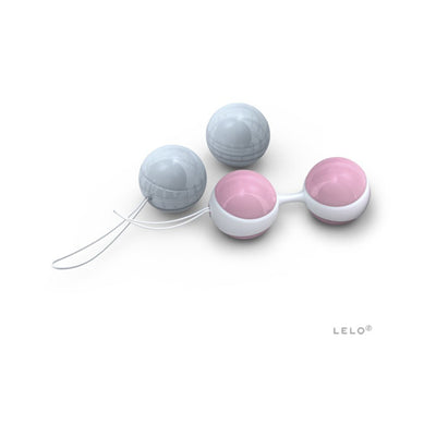LELO Beads Mini set with two pink and two gray smooth Kegel exercise balls connected by a white silicone string.