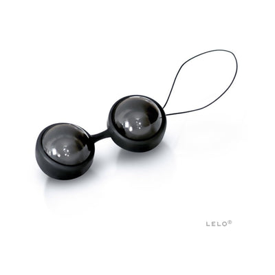 Glossy black LELO Beads Noir with silicone harness and retrieval loop on white background.