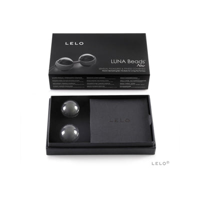 LELO Luna Beads Noir set with two glossy black beads and a black storage pouch in sleek black packaging.