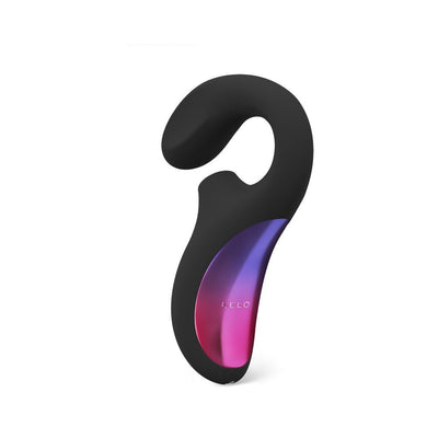 Black and purple ergonomic dual-action silicone massager with curved design for targeted internal and external stimulation.