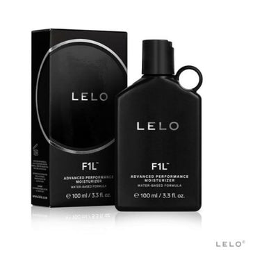 LELO F1l Advanced Performance Moisturizer 3.3 oz black bottle with matching box, water-based formula for smooth sensation.