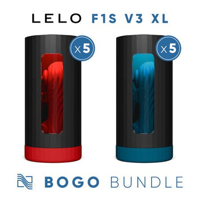 LELO F1S V3 XL BOGO Bundle showing five red and five blue devices in sleek black cases with colored bases.