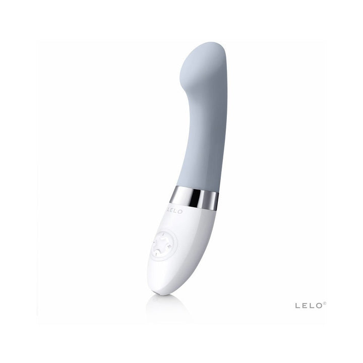 Lelo Gigi 2 G-spot massager in soft gray silicone with white ergonomic handle and control buttons on white background.