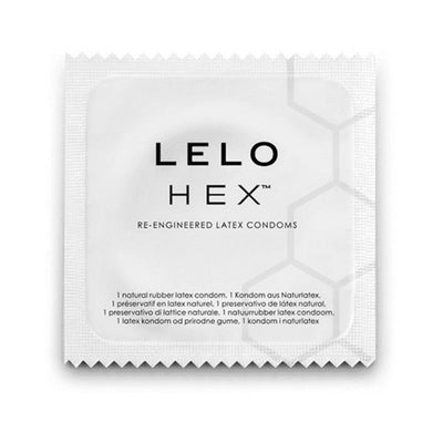 Single LELO HEX Original condom in white packaging with black text and subtle hexagonal pattern design.