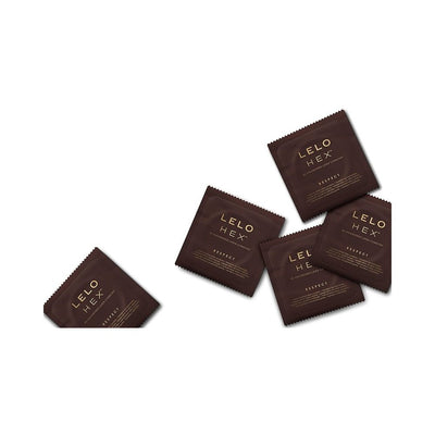 Five LELO HEX Respect XL condom packets in dark brown packaging with gold text on a white background.