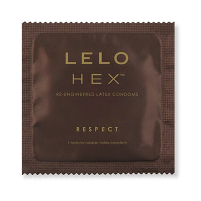 Single LELO HEX Respect XL natural latex condom in dark brown packaging with gold lettering.
