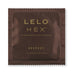 Single LELO HEX Respect XL natural latex condom in dark brown packaging with gold lettering.