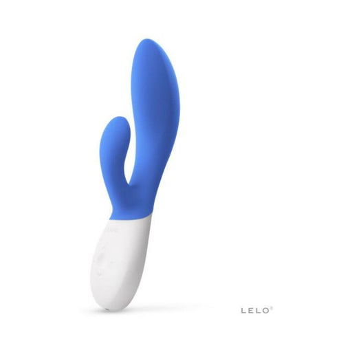 Blue and white Lelo Ina Wave 2 dual stimulator with ergonomic design and silicone finish on a white background
