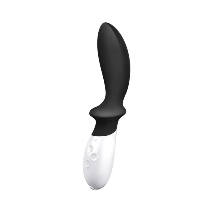 Black and white Lelo Loki prostate massager with ergonomic curved design and control buttons on the handle