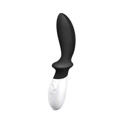 Black and white Lelo Loki prostate massager with ergonomic curved design and control buttons on handle