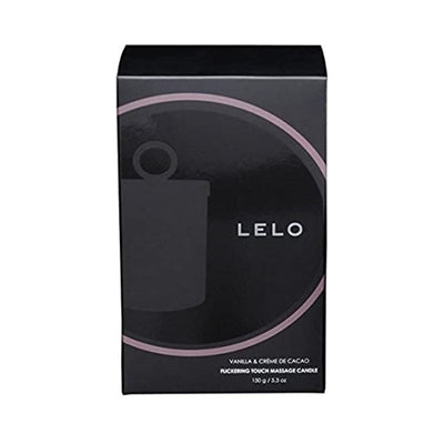 Black box packaging of Lelo Massage Candle in Vanilla & Crème de Cacao scent with minimalist design and subtle pink accents.