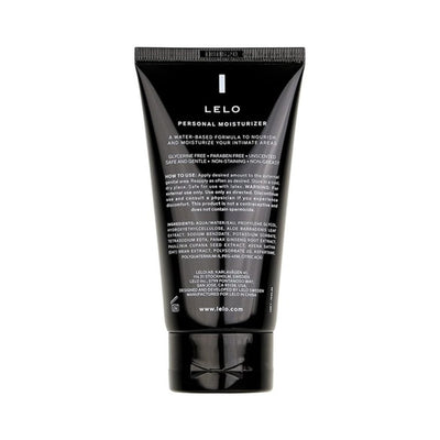 Black tube of Lelo Personal Moisturizer with white text detailing ingredients and usage instructions on the back.