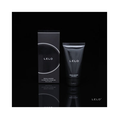 LELO Personal Moisturizer tube and sleek black box packaging on reflective black surface.