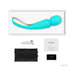 Lelo Smart Wand 2 Large in turquoise with gold accent, USB charger, black storage pouch, and user manuals laid out on white background.