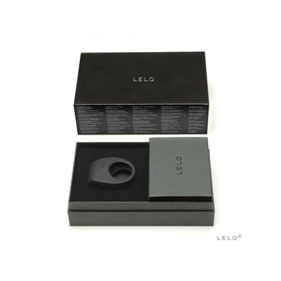 Lelo Tor 2 vibrating couples ring in black silicone with sleek black branded packaging and storage box.
