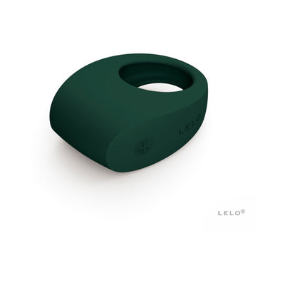Dark green smooth silicone vibrating couples' ring with control buttons, designed for comfort and enhanced pleasure.