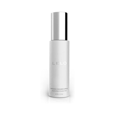 LELO premium toy cleaning spray in a sleek white bottle with silver cap, 60 mL size, alcohol and paraben-free formula.