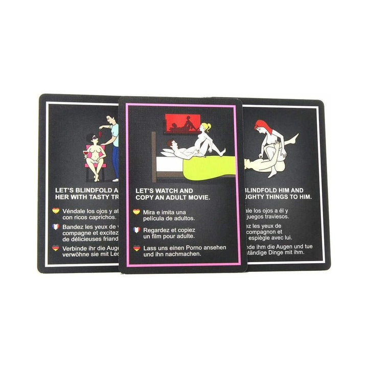 Three illustrated cards from the Let's F*ck! card game showing playful adult-themed challenges in multiple languages.