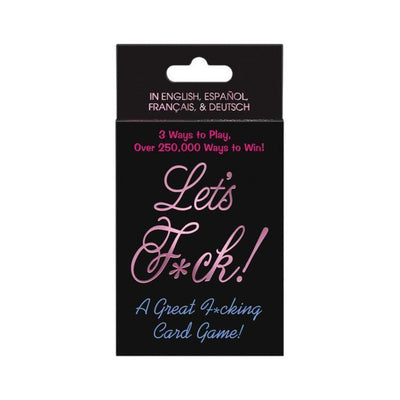 Black box packaging of Let's F*ck! card game with pink and blue text highlighting multiple languages and gameplay options.