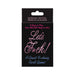 Black box packaging of Let's F*ck! card game with pink and blue text highlighting multiple languages and gameplay options.