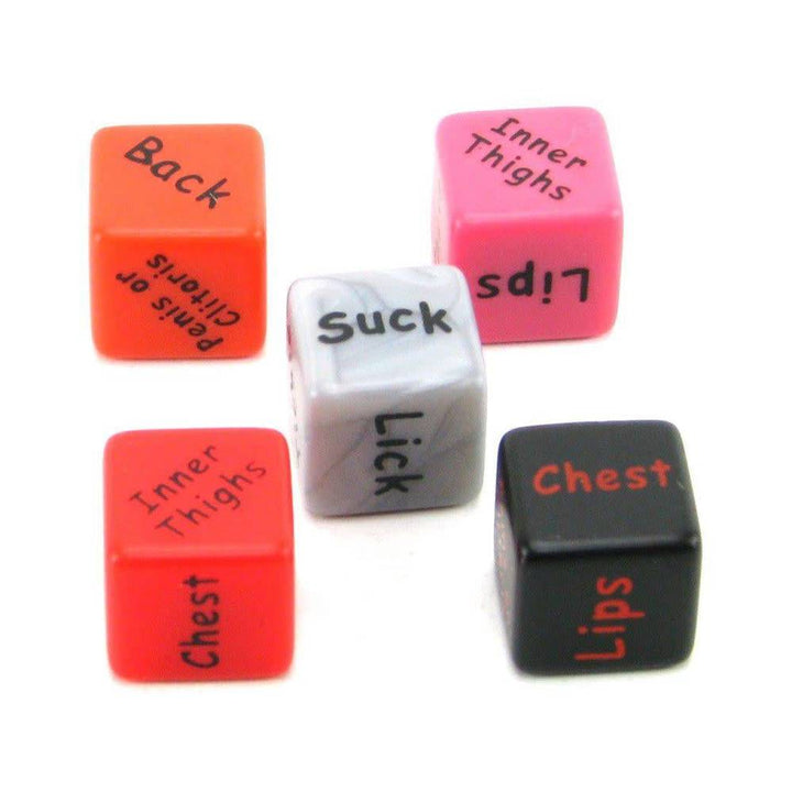 Set of five colorful dice with romantic action and body part prompts for the Lets Fool Around Dice Game.