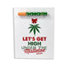 Holiday greeting card with a cannabis leaf and red bow design, featuring a green one hitter pipe with white leaf patterns.