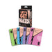 Let's Get Naked card game box with colorful instruction cards featuring playful zipper designs and clothing removal prompts.