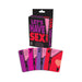 Let's Have Sex card game box with five colorful cards featuring playful actions and zipper design accents.