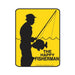Yellow sign with black silhouette of a fisherman holding a fish and fishing rod, text reads The Happy Fisherman