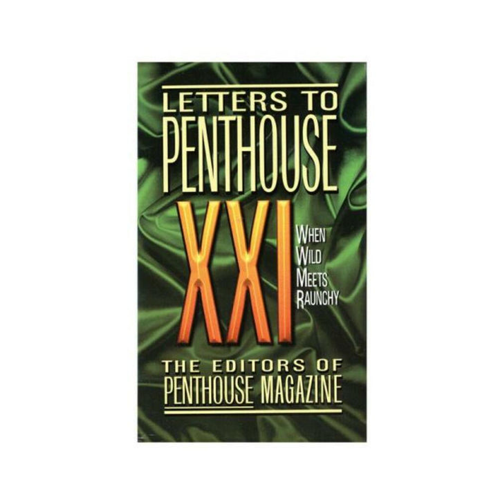 Cover of Letters To Penthouse XXI book with bold gold and white text on a dark green satin background.