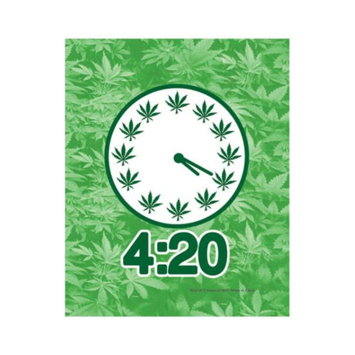 Green poster with a clock featuring marijuana leaf hour markers and the time 4:20 displayed below.