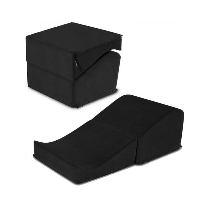 Black Liberator Flip Ramp shown folded as an ottoman and unfolded as a curved supportive ramp with velvish cover.