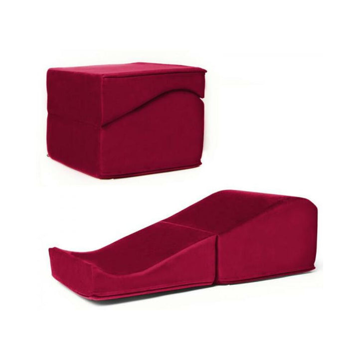 Merlot-colored Liberator Flip Ramp shown folded as an ottoman and unfolded as a curved support ramp with soft velvish cover.