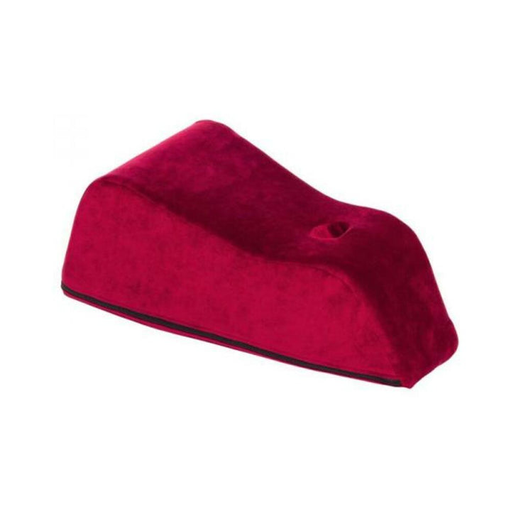 Velvet-covered ergonomic red toy mount designed to hold a standard wand massager for hands-free use.