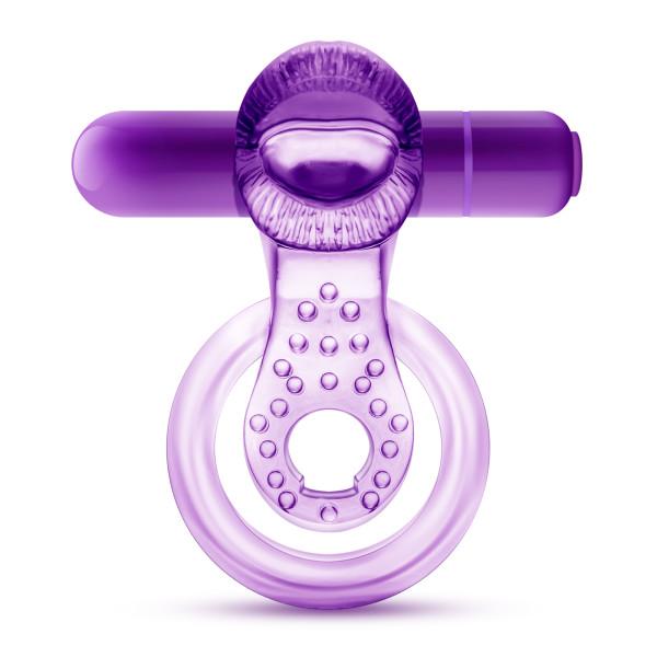 Purple vibrating double strap cock ring with textured tongue design and bullet vibrator attachment.