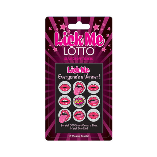 Lick Me Lotto scratch-off tickets with playful lip and tongue icons on a purple starburst background.